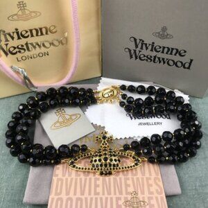 NWT Vivienne Westwood Three Row Pearl Bas Relief Choker in Black